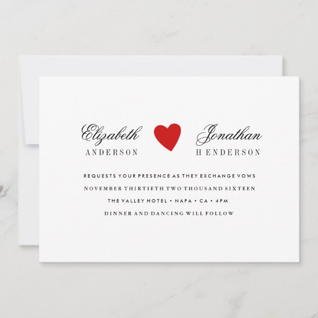 Bröllopsinbjudan till Red Heart Calligraphy Inbjudningar (Framsida)