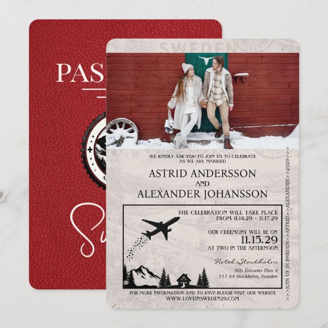 Bröllopsinbjudan till Red Sverige Passport bröllop Inbjudningar (Fram/baksida)