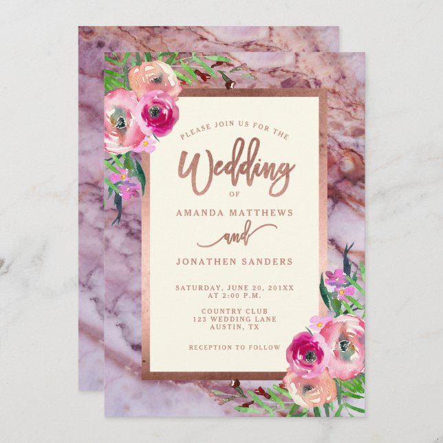 Bröllopsinbjudan till Ro Guld Rosa Marble Blommigt Inbjudningar (Fram/baksida)