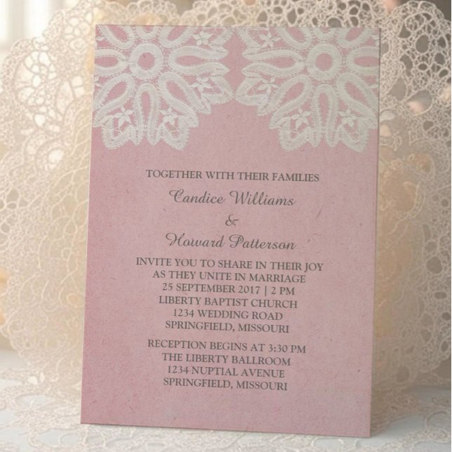 Bröllopsinbjudan till rosa Elegant Snöre Inbjudningar (Pink Elegant Lace Wedding Invite)