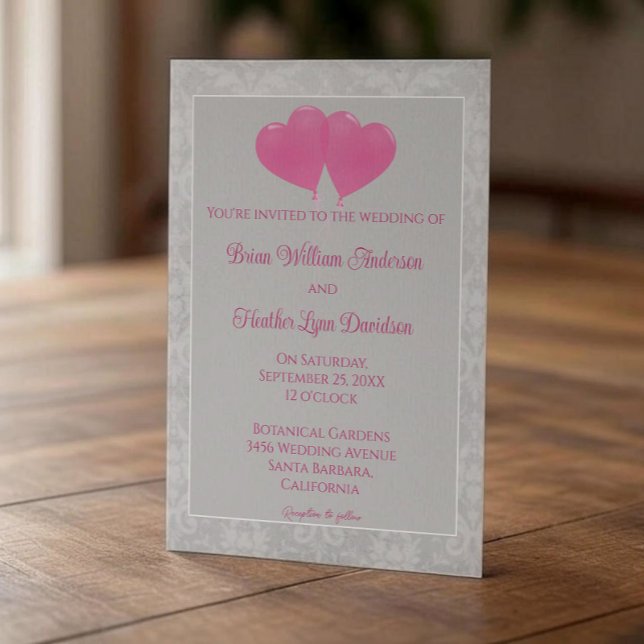 Bröllopsinbjudan till rosa Heart-ballonger Inbjudningar (Pink Heart Balloons Wedding Invitation)