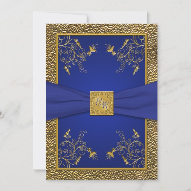 Bröllopsinbjudan till Royal Blue och Guld Monogram Inbjudningar (Framsida)