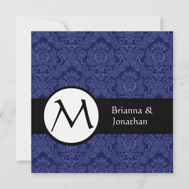 Bröllopsinbjudan till Royalet Blue Damask Monogram Inbjudningar (Framsida)
