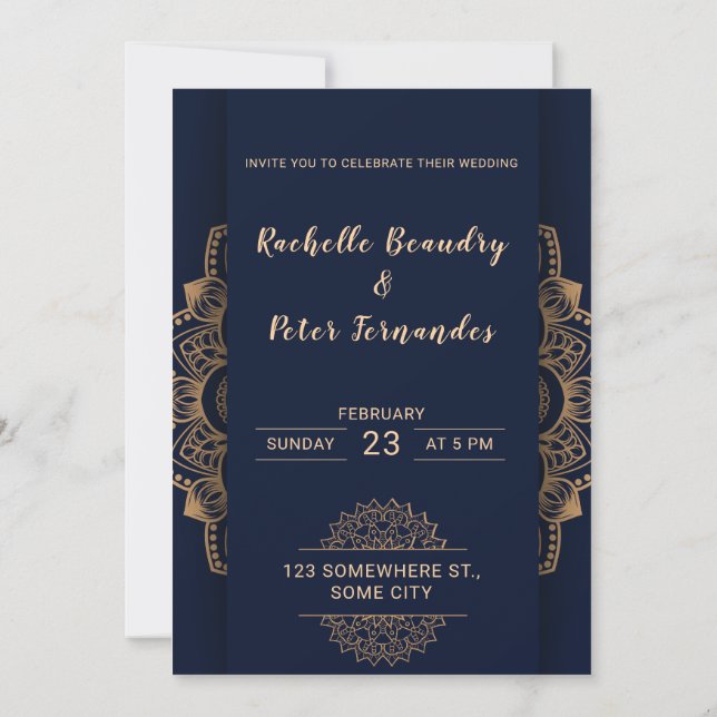 Bröllopsinbjudan till royalet Blue Guld Elegant Inbjudningar (Baksida)