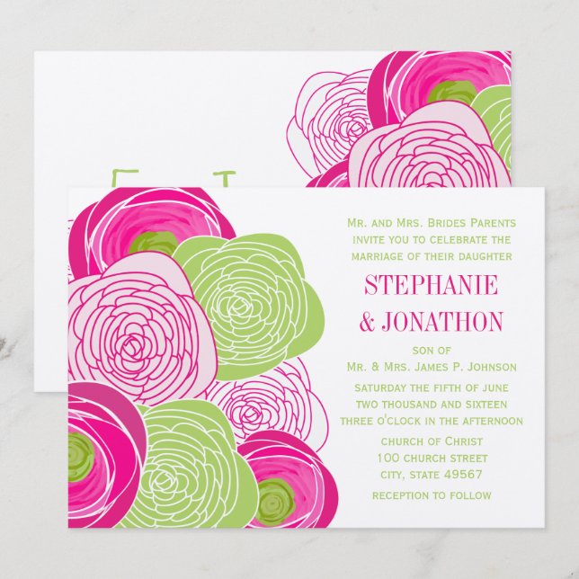 Bröllopsinbjudan till Rustic Rosa och Grönt Ro Inbjudningar (Fram/baksida)