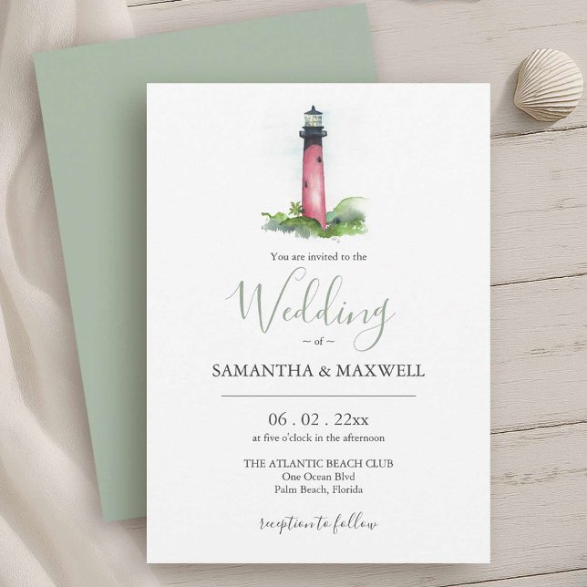 Bröllopsinbjudan till strandfest Watercolor fyr Inbjudningar (Beach wedding invitations feature watercolor Jupiter lighthouse Victoria Grigaliunas DoTellABelle)