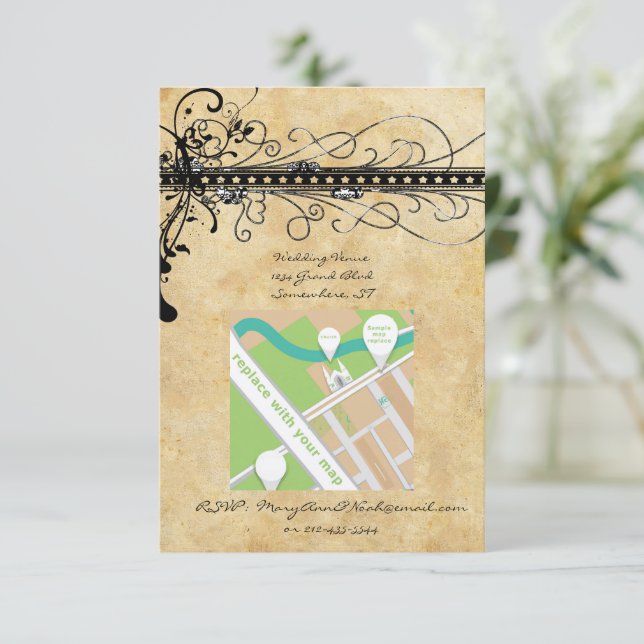 Bröllopsinbjudan till Swirls-Eleganten i svart Fun Inbjudningar (Stående Fram)