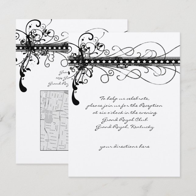 Bröllopsinbjudan till Swirls-Eleganten i svart Fun Inbjudningar (Fram/baksida)