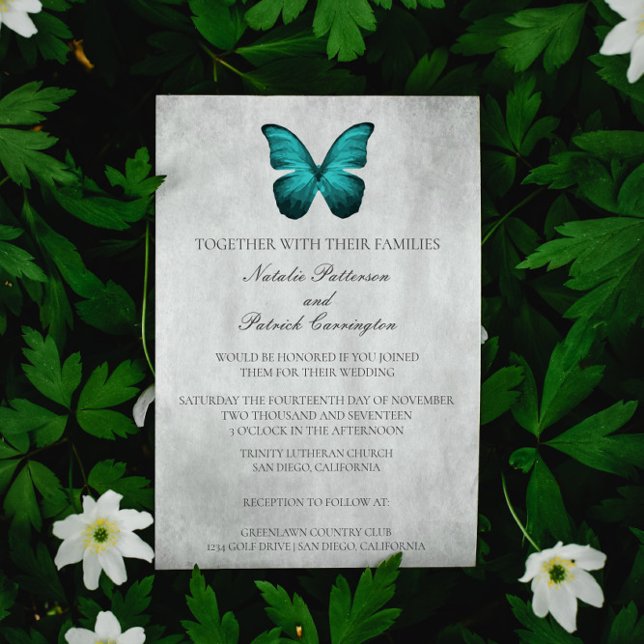 Bröllopsinbjudan till Teal Butterfly Inbjudningar (Teal Butterfly Wedding Invitation)