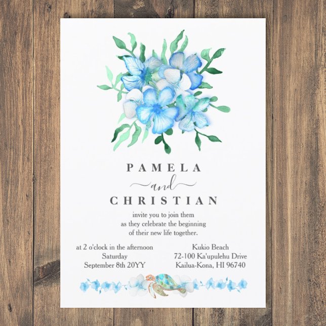 Bröllopsinbjudan till Tropical Blue Hibiscus Flowe Inbjudningar (tropical blue wedding invitation with watercolor sea turtle, malibu blue, bahama blue tropical plant)
