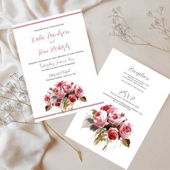 Bröllopsinbjudan till vattentorfärg Bukett med ros Inbjudningar (Watercolor Rose Bouquet Wedding Invitation)