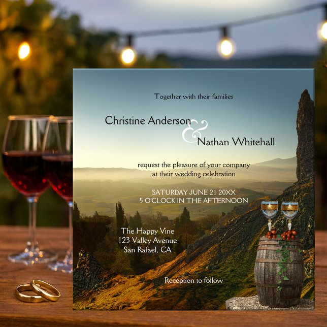 Bröllopsinbjudan till vingården Vin i landskapet Inbjudningar (Wedding invitation featuring a painting of a wine barrel with glasses and grapes and landscape view)
