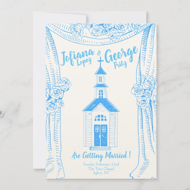 Bröllopsinbjudan till vintage Blue Church Inbjudningar (Framsida)