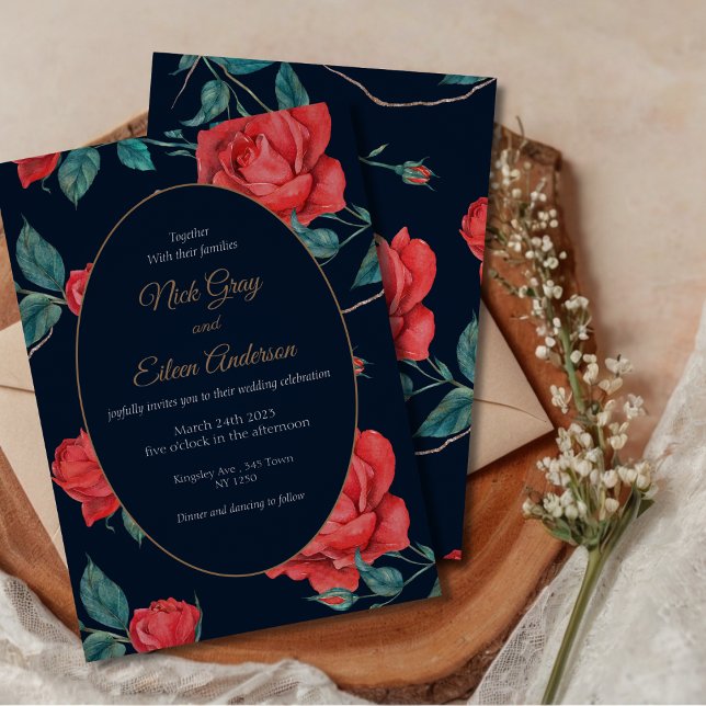 Bröllopsinbjudan till vintage gotiic Röd ros Inbjudningar (Watercolor Red Rose Wedding Invite)