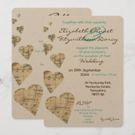 Bröllopsinbjudan till vintage Karta Hearts Inbjudningar