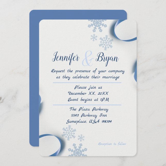 Bröllopsinbjudan till vinter-Snöflingor och Rosett Inbjudningar (Fram/baksida)