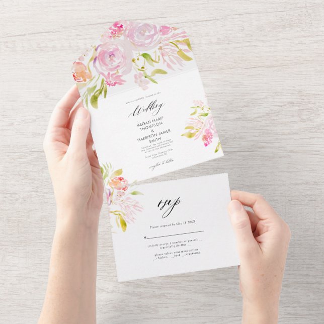 Bröllopsinbjudan till Watercolor Ro Boho Bouquet-b (Tearaway)