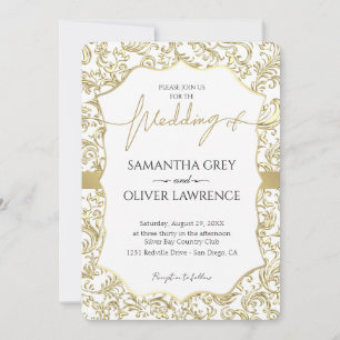 Bröllopsinbjudan till White & Guld Damask Inbjudningar