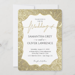 Bröllopsinbjudan till White & Guld Damask Inbjudningar