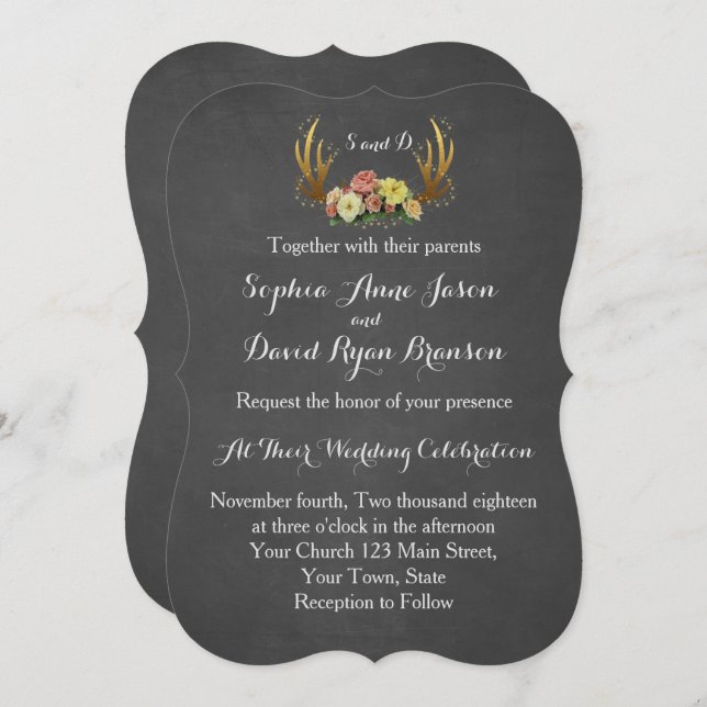 Bröllopsinbjudan | Unik Blommigt-krita för Antlers Inbjudningar (Fram/baksida)