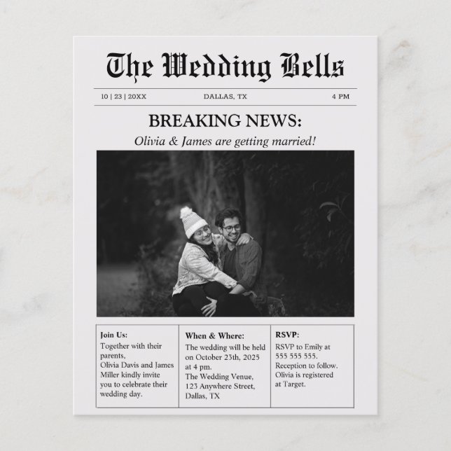 Bröllopsinbjudan unik tidning budget foto (Framsida)