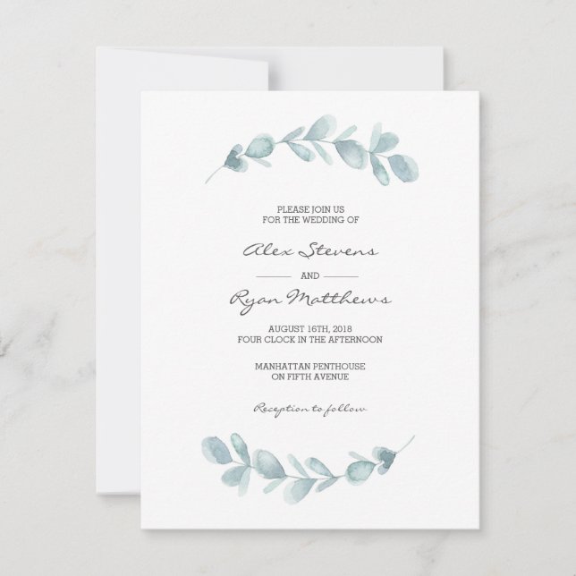 Bröllopsinbjudan| Vattenfärg för eukalyptus Inbjudningar (Framsida)