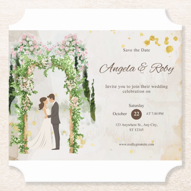 Bröllopsinbjudan – Vattenfärgsdesign med blomsterb Underlägg Papper (Framsida)