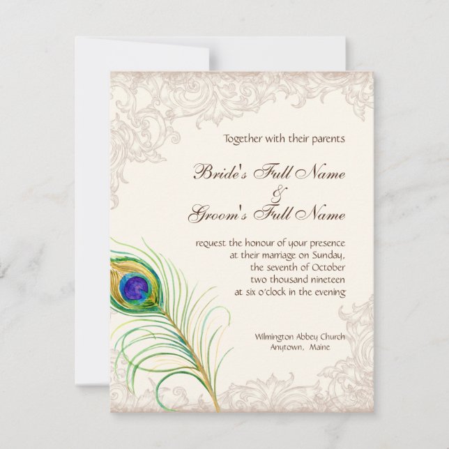 Bröllopsinbjudan Vintage Peacock Feather Etched Inbjudningar (Framsida)
