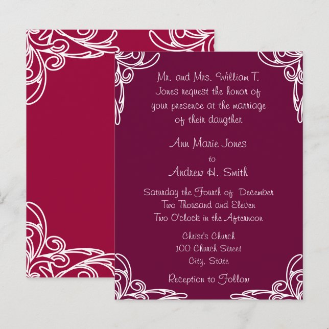 Bröllopsinbjudan Vita hörn Swirl om Rasberry Inbjudan Vykort (Fram/baksida)