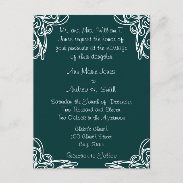 Bröllopsinbjudan Vita hörn Swirls on SeaBlue Inbjudan Vykort (Framsida)