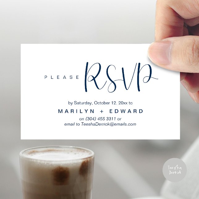 Bröllopsinbjudans OSA - påminnelse bifogat kort (Wedding invitation RSVP via Phone or email respond reminder Enclosure Card in aesthetic Navy Blue)
