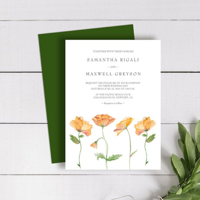 Bröllopsinbjudningar Akvarell Orange Vallmo Inbjudningar (Zazzle wedding invitations orange floral watercolor art by Victoria Grigaliunas)
