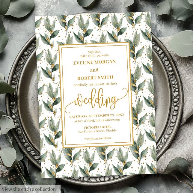 Bröllopsinbjudningar av Eukalyptus i Grönt Guld Inbjudningar (Refined Sage Green Gold Eucalyptus Wedding Invitation)