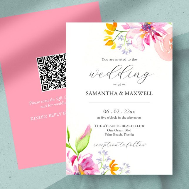 Bröllopsinbjudningar Elegant Blommigten Vattenfärg Inbjudningar (wedding invitations unique watercolor pink florals by Victoria Grigaliunas of Do Tell A Belle)