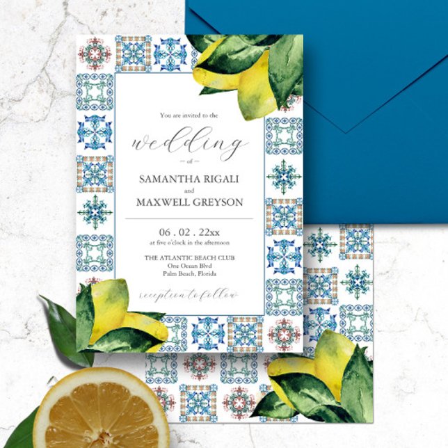 Bröllopsinbjudningar för Amalfi Tile & Watercolor  Inbjudningar (Italian destination wedding Amalfi tile and watercolor lemon art by Victoria Grigaliunas )