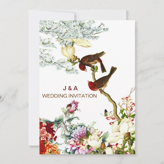 Bröllopsinbjudningar för blommande fåglar och blom inbjudningar (Framsida)