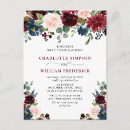 Bröllopsinbjudningar för  Blommigt i Burgundy-flot Vykort
