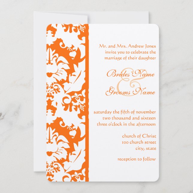Bröllopsinbjudningar för Bright Orange Damask Inbjudningar (Framsida)