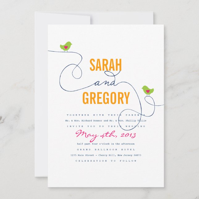 Bröllopsinbjudningar för Bright Retro Love birds Inbjudningar (Framsida)