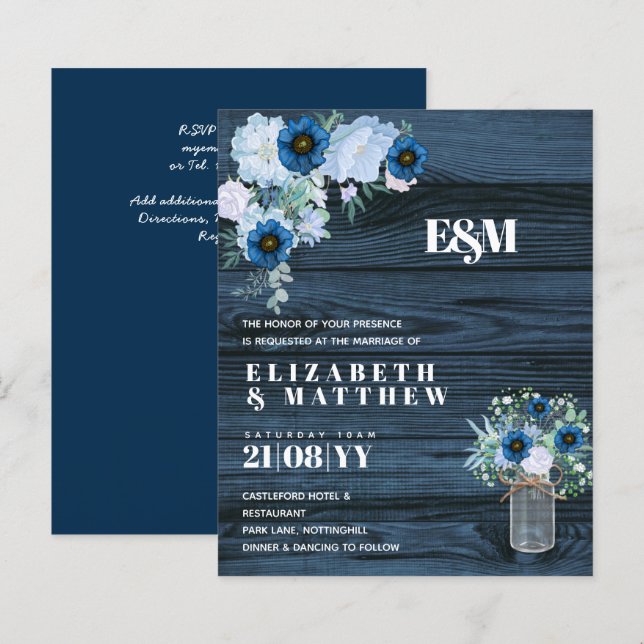 BRÖLLOPSINBJUDNINGAR FÖR BUDGETDusty Blue Blommigt (Fram/baksida)