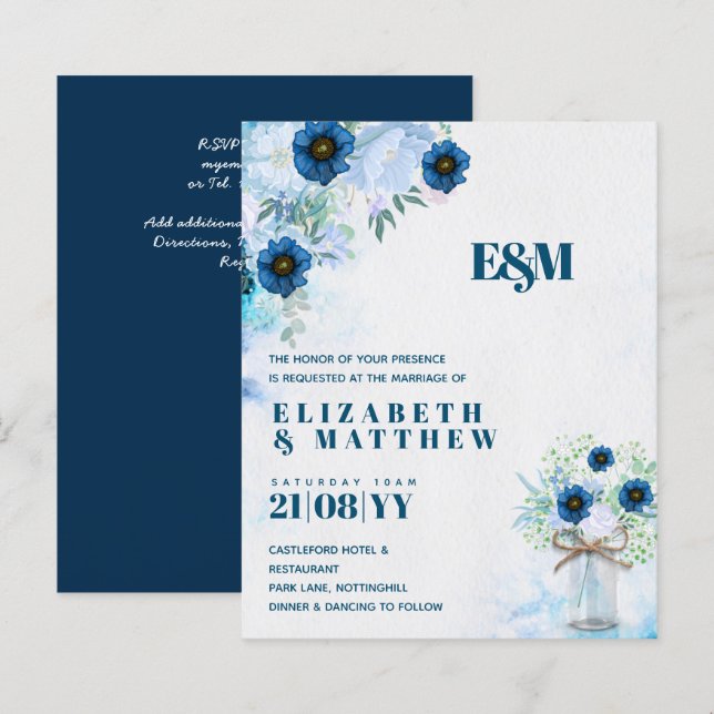 BRÖLLOPSINBJUDNINGAR FÖR BUDGETDusty Blue Blommigt (Fram/baksida)