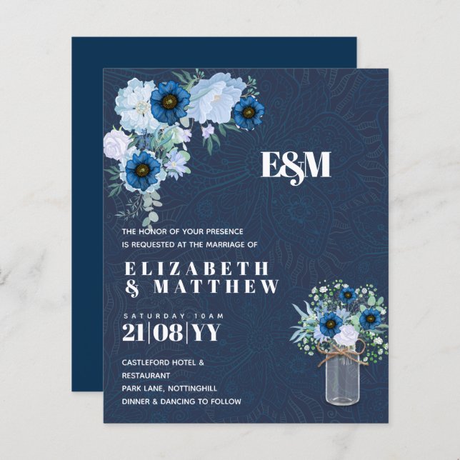 BRÖLLOPSINBJUDNINGAR FÖR BUDGETDusty Blue Blommigt (Fram/baksida)