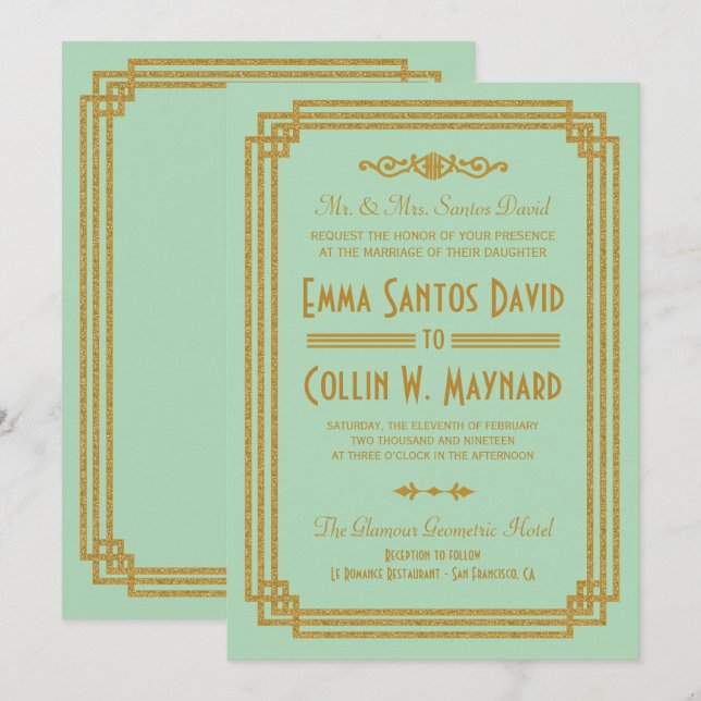 Bröllopsinbjudningar för enkel Art Deco Mint Inbjudningar (Fram/baksida)