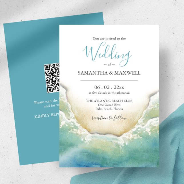 Bröllopsinbjudningar för ett budgetmässigt unikt m inbjudningar (Beach wedding invitations with QR code features watercolor shoreline art by Victoria Grigaliunas)