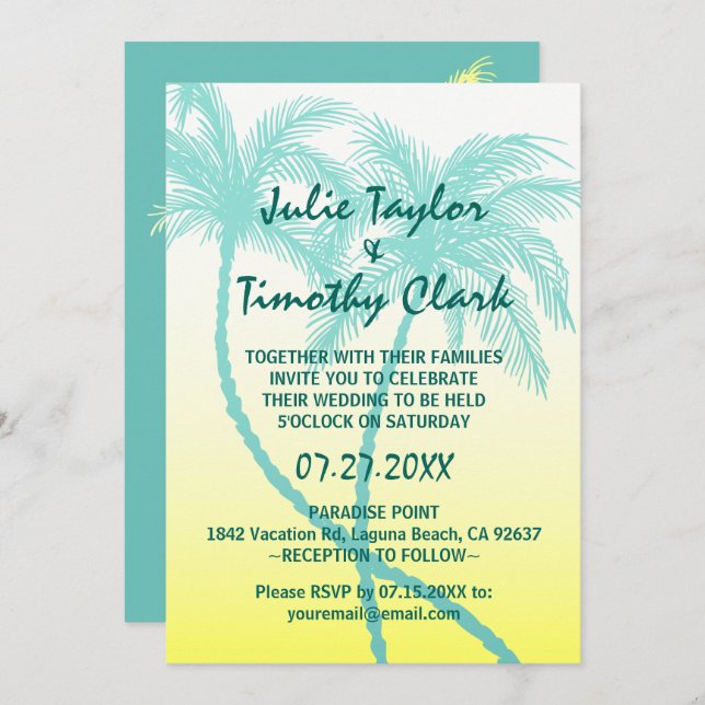 Bröllopsinbjudningar för gult och blåblått Handfla Inbjudningar (Fram/baksida)