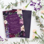 Bröllopsinbjudningar för Lila av Blommigt Inbjudningar<br><div class="desc">Romantiska blommor i rik burgundi,  mild lilak,  djup äggplants lila och pinkaktigt orkid par med modernt botaniskt grönt,  t.ex. ferns och eukalyptus. En mörk,  lila av äggplantor,  vattenfärgsbakgrund knyter allt till den klassiska typografin i dessa inbjudningar från elegant bröllop.</div>