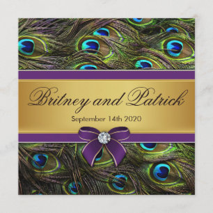 Bröllopsinbjudningar för Lila och Guld Peacock Fea Inbjudningar