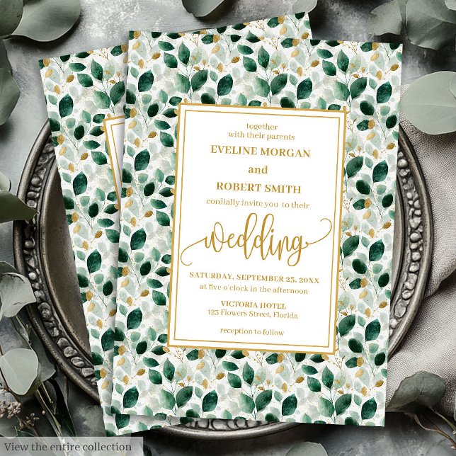 Bröllopsinbjudningar för Mörk grönt eukalyptus Gul Inbjudningar (Luxury Dark Green Gold Eucalyptus Wedding Invitation)