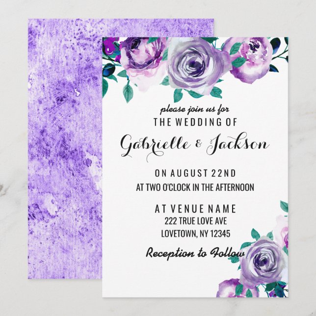 Bröllopsinbjudningar för myntverk och Lila Blommig Inbjudningar (Fram/baksida)