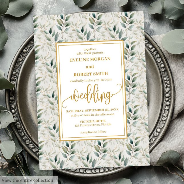 Bröllopsinbjudningar för oljeproduktion i Guld vid Inbjudningar (Timeless Deep Green Gold Foliage Wedding Invitation)